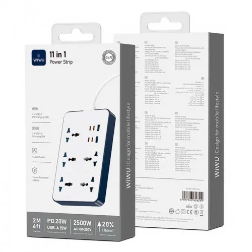 Удлинитель Wiwu 11 in 1 20W GaN Power Strip 4C+2A+5AC Wi-S006 EU 2M