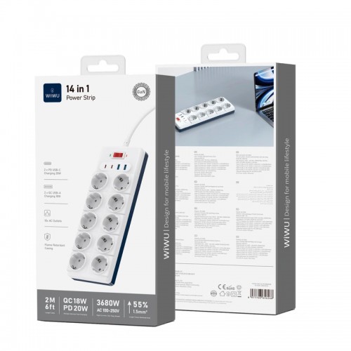 Удлинитель Wiwu 14 in 1 Power Strip 2C+2A+10AC Wi-S008